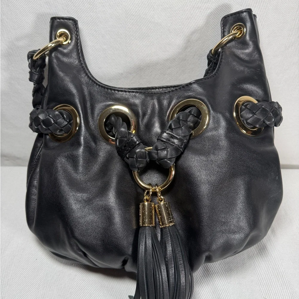 Michael Kors Black Leather Hobo Tassels Gold Accents Shoulder Handbag Purse